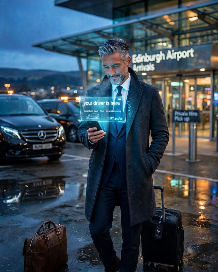 Traveller outside Edinburgh Airport arrivals reading a 'your driver is here' message on his phone