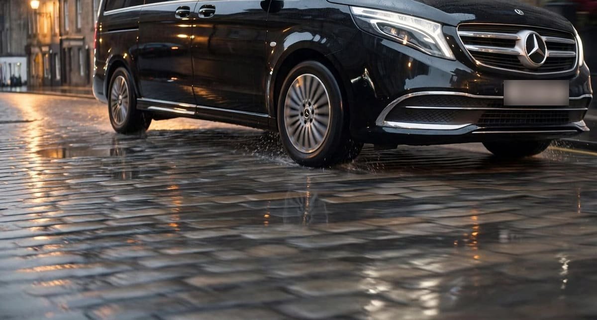 Black Mercedes people carrier for Edinburgh Airport transfers on a wet cobbled street at dusk
